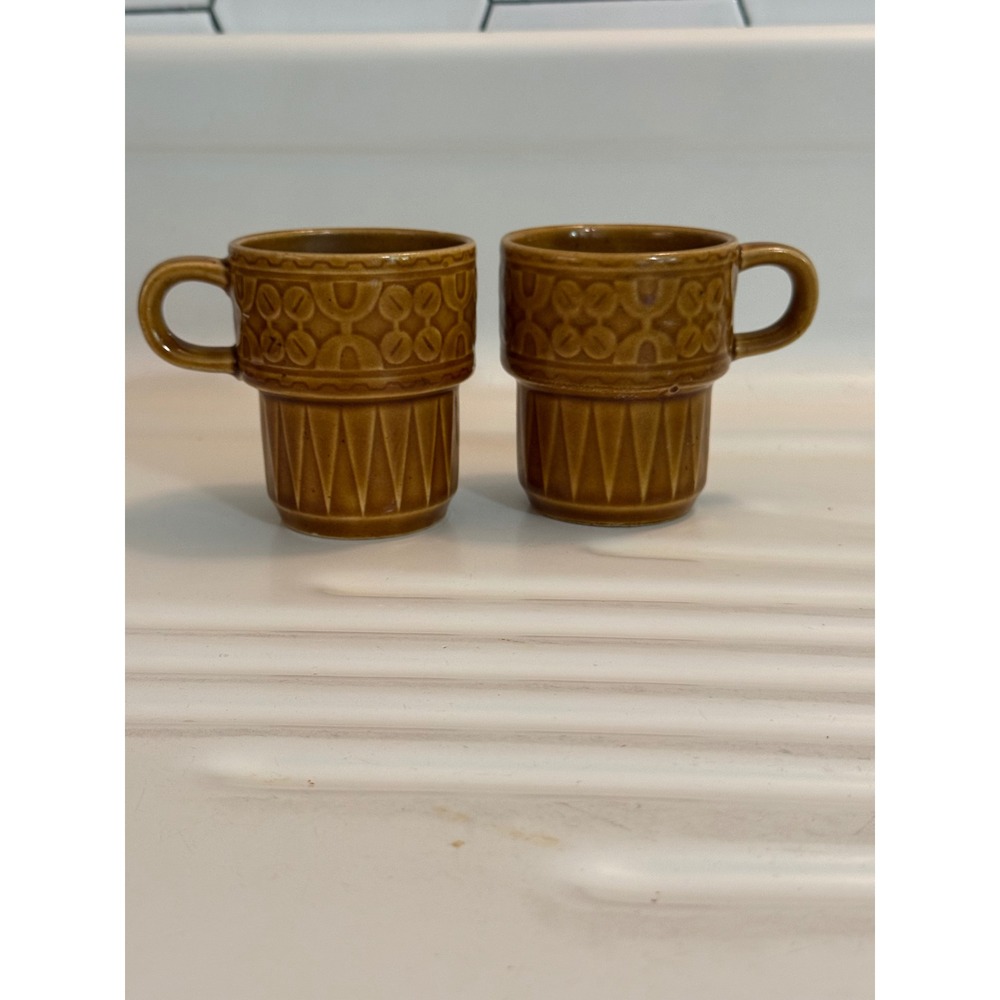 Vtg Japan Brown Glazed Stoneware Stackable Mugs Set of 2 Geometric MCM Relief